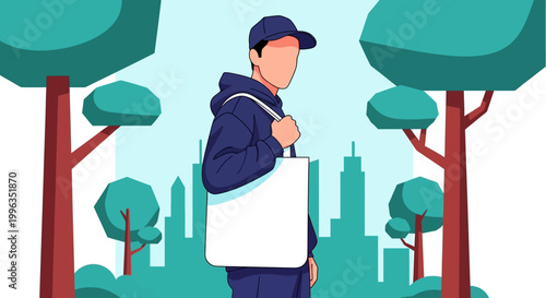Young man carrying a blank white tote bag in a stylized illustration.
