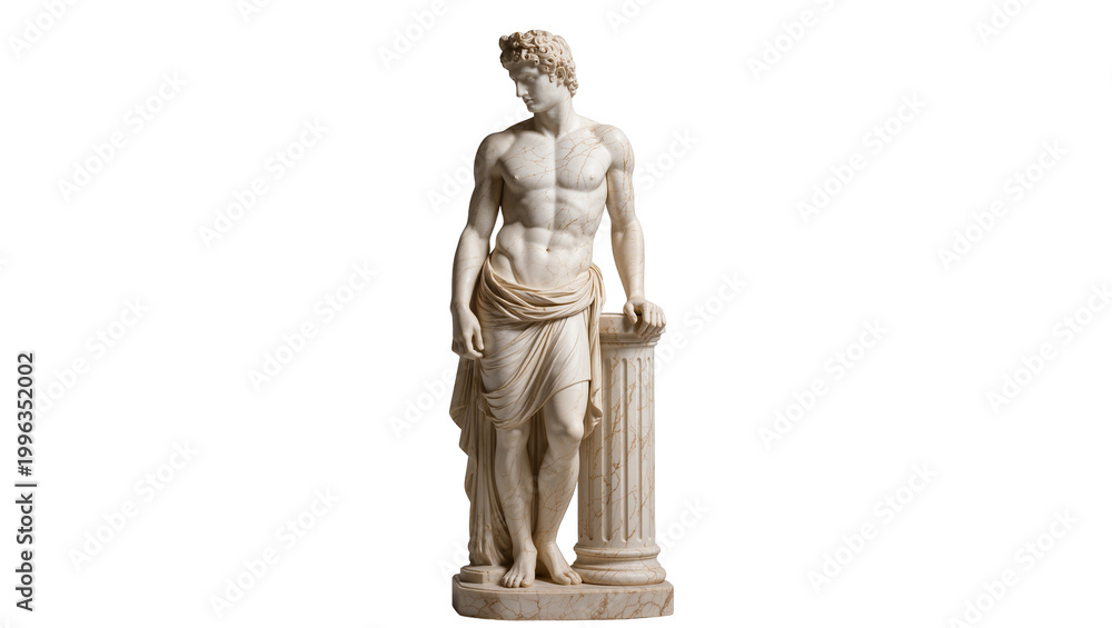 Naklejka premium Marble statue of a muscular man leaning on a column, isolated on transparent background