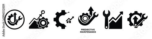 A collection of predictive maintenance silhouette business icon set, black color and white background