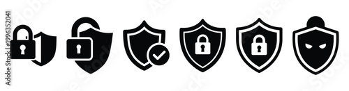 A collection of privacy protection silhouette business icon set, black color and white background