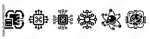 A collection of quantum computing silhouette business icon set, black color and white background