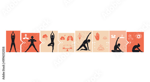 Yoga, yoga poses, fitness icons, wellness graphics, orange background