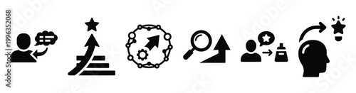 A collection of recommendation system silhouette business icon set, black color and white background