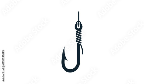 A striking depiction of a dark blue fishing hook suspended by a rope showcasing a minimalist design silhouette high quality professional detailed modern elegant
