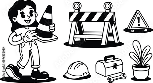Black and white vector art girl carrying striped safety cone beside barricade and work tools