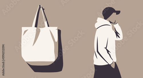 Minimalist illustration of a person with a blank tote bag.