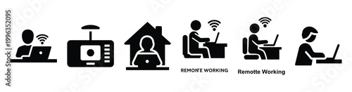 A collection of remote working silhouette business icon set, black color and white background