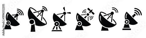 A collection of satellite internet silhouette business icon set, black color and white background