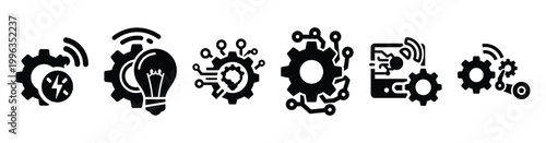 A collection of smart automation silhouette business icon set, black color and white background