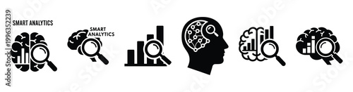A collection of smart analytics silhouette business icon set, black color and white background