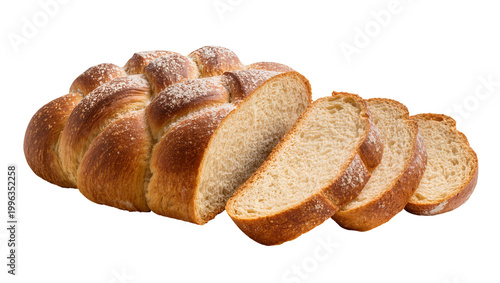 Golden brown braided challah bread loaf with dusting of sugar sliced, isolated on transparent background