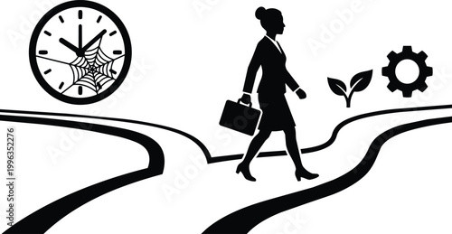 Businesswoman walking across three way crossroads with clock cobweb leaf and gear vector art