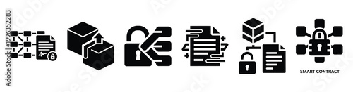 A collection of smart contract silhouette business icon set, black color and white background