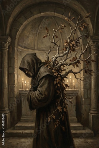 Creature with branching spine structure painted in classical oil painting style representing invasive growth transformation organic architecture and surreal sacred gothic horror portrait concept