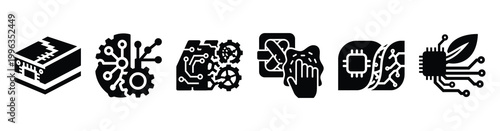 A collection of smart materials silhouette business icon set, black color and white background