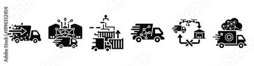 A collection of smart logistics silhouette business icon set, black color and white background