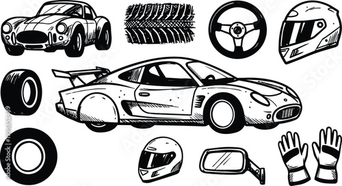 Black and white racing car collection with helmets tires steering wheel and gloves