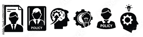 A collection of smart policy silhouette business icon set, black color and white background