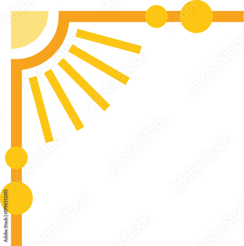 Yellow sun icon illuminating an abstract decorative corner frame on white background