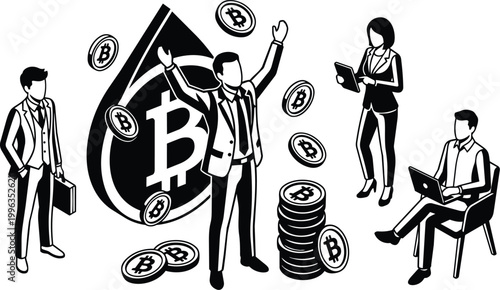 Black and white bitcoin coin stack and droplet symbol with business people celebrating