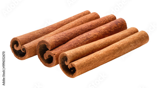 Several whole cinnamon sticks with rough texture, isolated on transparent background