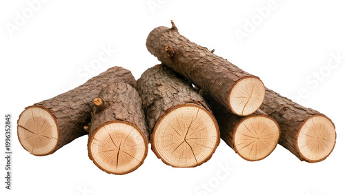 Stack of rough bark logs with visible wood grain, isolated on transparent background