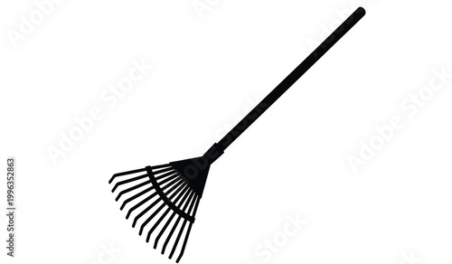A stark black silhouette of a garden rake is presented against a clean white background highlighting its form silhouette high quality professional detailed modern