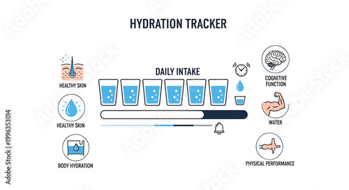 Hydration tracker, daily water intake, fitness icons, health monitoring, wellness graphics