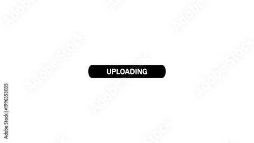 Black rounded button with the text uploading in white sans-serif capital letters and a computer mouse cursor hovering above it on a white background