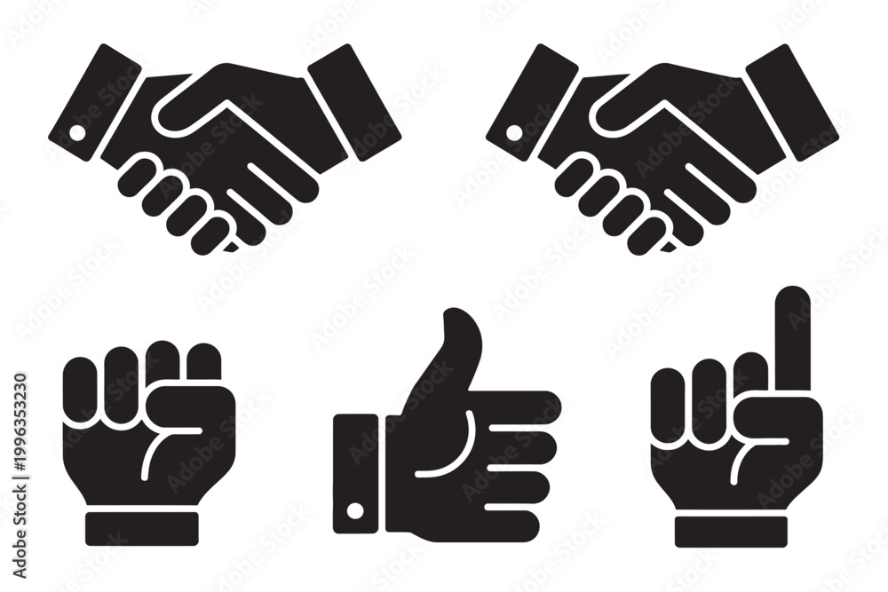 Fototapeta premium Professional hand gestures set, handshake agreement, clenched fist symbol, thumbs up approval, index finger pointing gesture icons, minimal vector design
