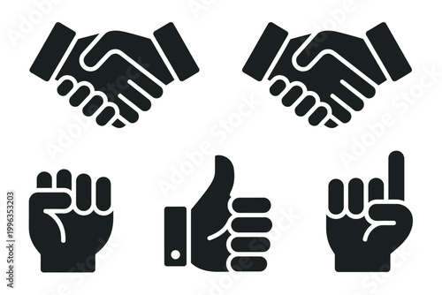 Professional hand gestures set, deal handshake, clenched fist, thumbs up, index finger raised icons, isolated vector illustration pack design elements