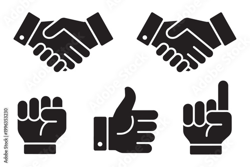 Professional hand gestures set, handshake agreement, clenched fist symbol, thumbs up approval, index finger pointing gesture icons, minimal vector design
