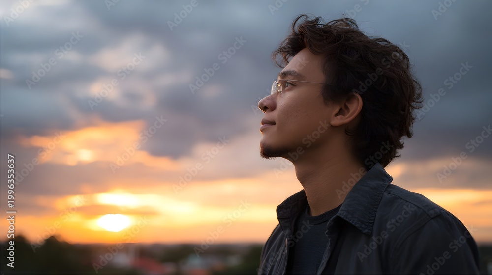 Fototapeta premium A young man stands in profile contemplating the vast dramatic colors of the sunset over a sprawling urban horizon