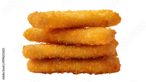 Tableau sur toile Golden crispy breaded fish sticks stacked, isolated on transparent background