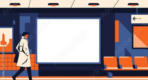 A person in a beige coat walking past a large blank billboard.