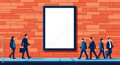 A diverse group of business professionals walking past a large blank advertising billboard.