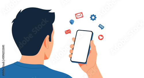 Young man holding a blank smartphone with floating digital application icons.