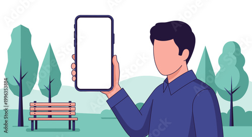 A man holding a blank smartphone screen in a flat design style.