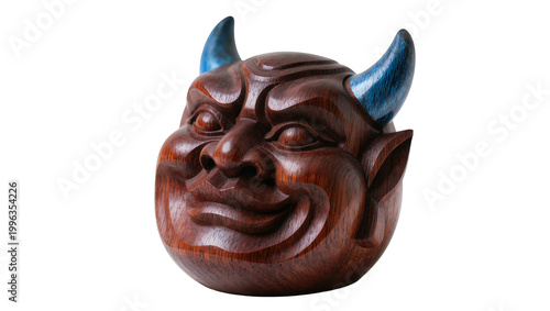 Carved wooden demon mask with blue horns, isolated on transparent background