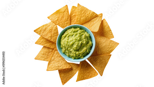 Crispy corn tortilla chips arranged around a blue bowl of fresh guacamole, isolated on transparent background