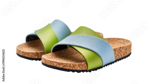 Canvas Print Green and blue criss-cross strap slides with cork soles, isolated on transparent