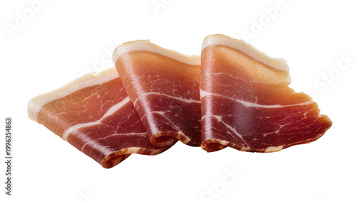 Thinly sliced prosciutto ham with fat marbling, isolated on transparent background