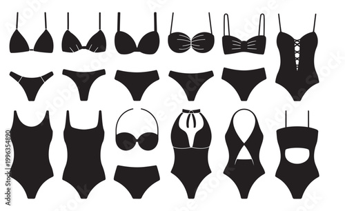 Black silhouette swimsuit icons, minimal isolated swimwear set, one piece two piece bathing suit vector icons collection design elements pack