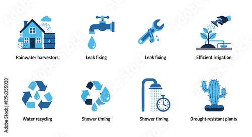 Water Conservation Icons, Rainwater Harvesting, Efficient Irrigation, Drought Resistant Plants, Eco Friendly Vector Set