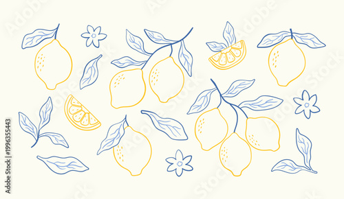 Hand drawn doodle lemon set with leaves and flowers