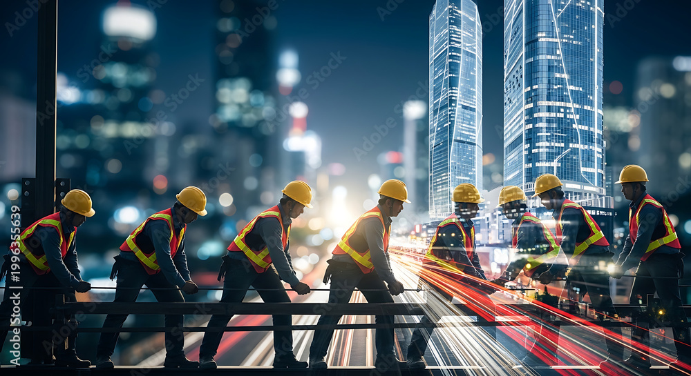 Obraz premium Construction workers in hard hats and safety vests working on a high-rise building at night in the city