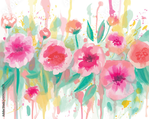 Abstract watercolor floral design with pink and coral flowers