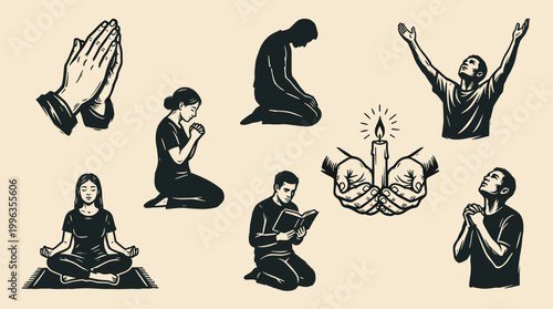 People in Prayer Linocut Illustration Set: Spiritual Devotion Graphics, Vector Woodblock Style