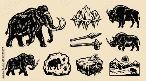 Woolly Mammoth Linocut Illustration Set: Prehistoric Ice Age Vector Graphics on Cream Background