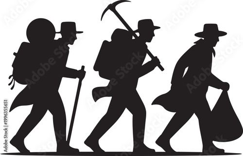Konstfotografi Silhouettes of prospectors with backpacks and tools